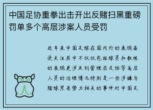 中国足协重拳出击开出反赌扫黑重磅罚单多个高层涉案人员受罚 中国足协重拳出击开出反赌扫黑重磅罚单多个高层涉案人员受罚